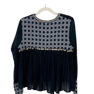 Lovestitch Large Over Top Metal Detail Pleated Fringe Embroidered Cotton Tunic